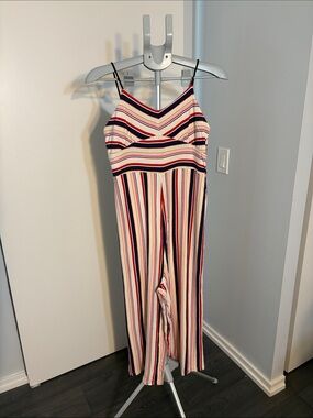 Striped Multicolor Spaghetti-Strap Jumpsuit - Cream/Blue/Red